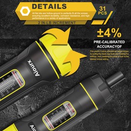 Aiourx Torque Screwdriver Wrench Set, 2-22 Inch Pounds lbs, 2 in-lb Increment, 31 Pcs 1/4" Drive Torque Screwdriver Wrench with S2 Steel Bits for Tools, Mounting and Bike Repairing