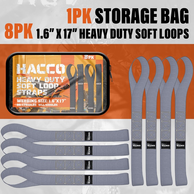 Haccoplanet 8PK Soft Loop Motorcycle Tie-Down Straps, 1.6 x 17inch
