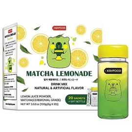 KAYFOOD Limonada Matcha Premium, mezcla de té verde coreano y jugo de limón en polvo, 5 g (0.1 oz) x 20 sobres (100 g) con botella de regalo, sin