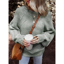 EVALESS Womens Striped Sweaters Fall Outfits Tops for Women Trendy 2025 Business Casual Work Clothes Oversized Crewneck Off Shoulder Green Sweaters Long Sleeve Sweatshirts Winter Teacher Tops, Medium