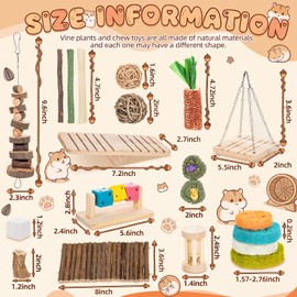 Leitee 30 Pcs Hamster Toys Set Small Animal Chew Toys Teeth Care Wooden Accessories Applewood Timothy Hay Mouse Toy Swing Seesaw Bridge for Guinea Pig, Chinchillas, Gerbils, Mice, Rats
