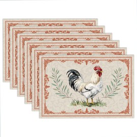 WADORN Retro Rooster Placemats Set of 6, Boho Vintage Rooster Cloth Table Place Mats Non-Slip Linen Washable Table Mats Heat Resistant Placemats for Kitchen Dining Tables Outdoor Party Wedding Decor