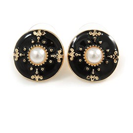 18mm Black Enamel Faux Pearl Button Stud Earrings In Gold Tone