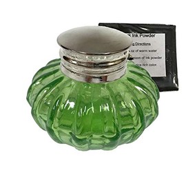 3" Antique Thick Swirl Glass Inkwell Reproduction with Ink (Light Green)