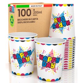 100 Pappbecher, 200 ml, umweltfreundlich und biologisch abbaubar, Einwegbecher, hergestellt in Italien, für den Sport, bunte Getränke, Motiv Happy Day – hergestellt und verpackt in Italien
