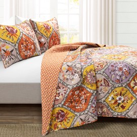 Lush Decor Bohemian Flower Reversible Oversized 3 Piece Cotton Quilt Set, Full/Queen, Tangerine & Lilac