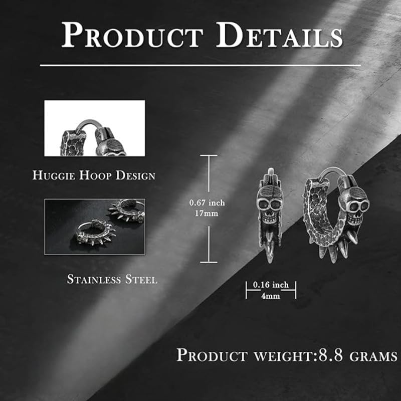 Stainless Steel Skull Huggie Hoop Earrings for Men Women Gothic
