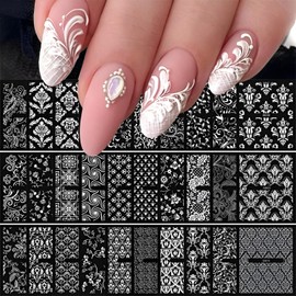 30 Sheets White Lace Nail Stickers Flower Nail Stickers for Nail Art 3D Self-Adhesive Nail Decals White Flower Nail Art Supplies Decoration Accessories for Women and Girls