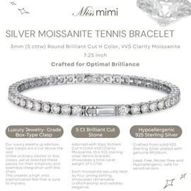 3mm Moissanite Tennis Bracelet, 5 CTW Moissanite Diamond 925 Sterling Silver Tennis Bracelet for Women and Men, Stackable Eternity Bracelet with Secure Clasp, Lab Created Diamond Alternative, 7.25"