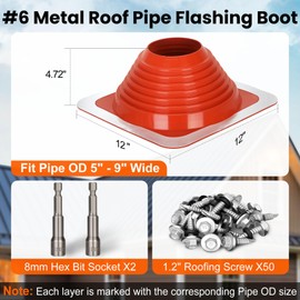 #6 EPDM Flexible Silicone Roof Jack Pipe Boot, Metal Roofing Pipe Flashing Boot Fits Pipe OD 5" to 9" Wide, Include Square Base High Temp Roof Vent Pipe Flashing Boot, Hex Socket x2, Roofing Screw x50