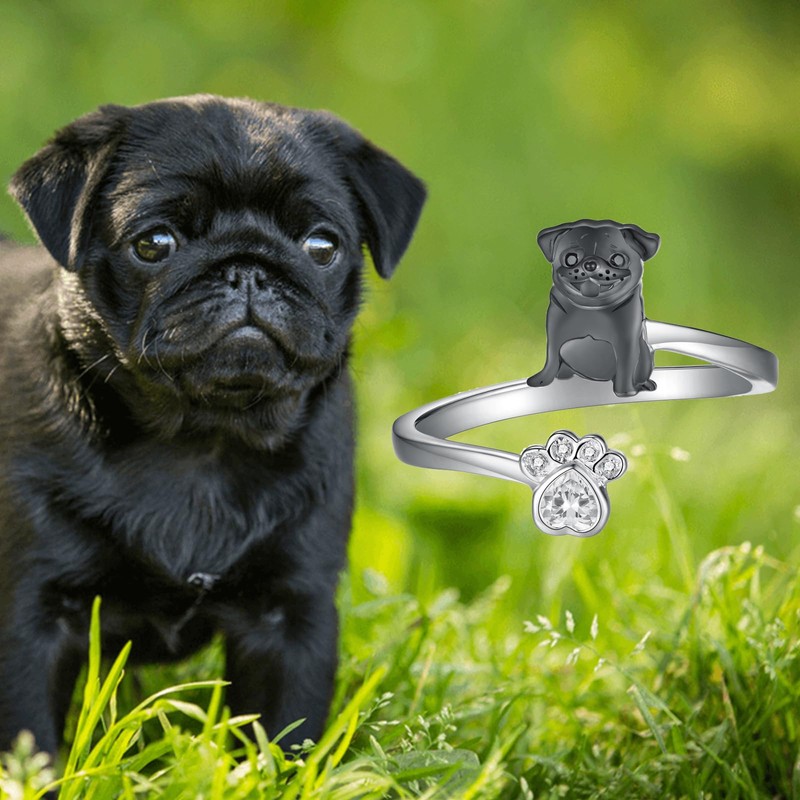 Black Pug Ring 925 Sterling Silver Pug Adjustable Ring Dog