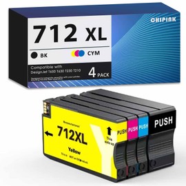 Chipink 712 XL Ink Cartridges Combo Pack Replacement Compatible for HP 712 Ink Cartridges 712XL for DesignJet T650 T630 T230 T210 (4 Pack, Black Cyan Yellow Magenta) (3ED71A 3ED69A 3ED68A 3ED67A)