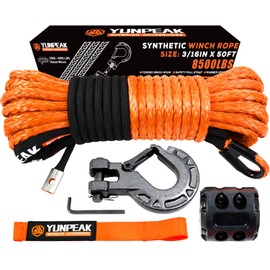 Synthetic Winch Rope Kit, 3/16" x50 ft 8500LBS Winch Cable Replace Kit, with Protective Sleeve, Heavy Duty Hook, Rubber Stopper, Safety Pull Strap for Off-Road 4x4 Vehicles ATV UTV(Orange)