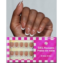 16 tamaños de uñas postizas ovaladas cortas, redondas cortas con punta francesa, reutilizables, 32 piezas de uñas postizas de gel brillante con pegame