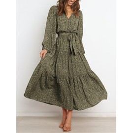 PRETTYGARDEN Womens Maxi Long Sleeve Boho Floral Dresses Fall Causal Wrap V Neck Ruffle Tiered Chiffon Flowy Long Dress(Green,Small)