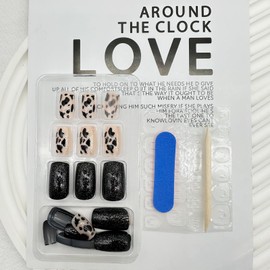 Square Press on Nails Short Fake Nails Black False Nails with Design Glitter Leopard Stick on Nails Glossy Full Cover Acrylic Nails Artificial Glue on Nails for Women Girls Nails Decorations 24Pcs