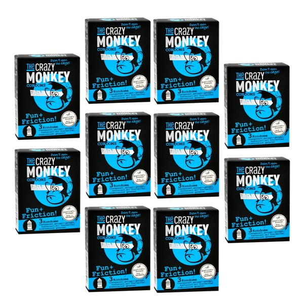 The Crazy Monkey Condoms - Fun + Fricition - Pearl-studded & ribbed for maximum emotional intensity - Made of natural rubber latex - 10 x 3 (30 condoms) - Made in Germany