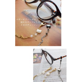 R-days Daikanyama Cat Lover Glasses Chain Mask Chain Mother of Pearl Stainless Steel Gold Women's Made in Japan, Black x Stainless Steel/Normal Wrapping