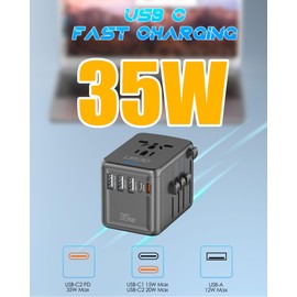 URJD - Adaptador universal de viaje de 35 W PD de carga rápida que ofrece puertos USB-A de 3 x 2.4 A, 2 puertos USB-C y múltiples salidas de CA, convertidor internacional de enchufe cargador de viaje