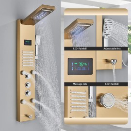 FUZ LED Shower Panel Tower Faucet Stainless Steel System Rain&Waterfall Massage Jets