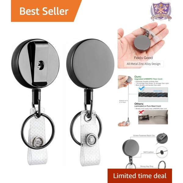 Unbranded Glossy Black 2-Pack Retractable Badge Reels - Secure Clip