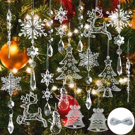 18Pcs Christmas Ornaments Set - Christmas Tree Decoration Crystal Ornaments 9 Designs Hanging Acrylic Christmas Icicle Snowflake with Strings for Christmas New Year Party Supplies