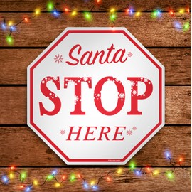 SantaStopHereWhiteStopSign - Letrero de parada de Navidad (30,5 x 30,5 cm), diseño de humor navideño