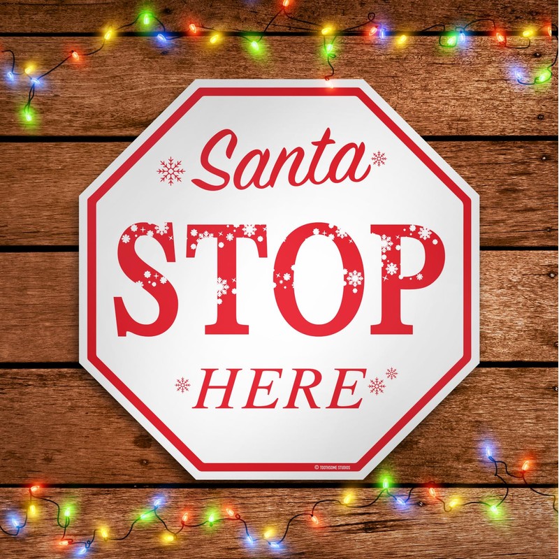 SantaStopHereWhiteStopSign - Letrero de parada de Navidad (30,5 x 30,5