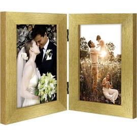 Golden State Art, 4x6 Double Picture Frame Vertical Hinged Photo Frame 2 Opening Folding Family Frames Collage, with Real Glass (4x6, Gold, 1-Pack)