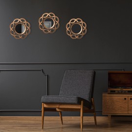 Relaxdays Set of 3 Mirrors, Round, Ø 25 cm, Wall Mounted, Plastic Frame, Vintage Style, Bedroom & Hallway, Gold/Black