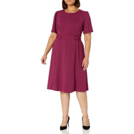 London Times Women's Plus Size Knit Eyelet Short Sleeve Crepe Inset Waist Midi with Button Detail, Red Plum, 24