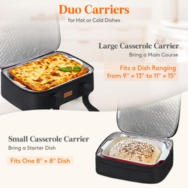 Lifewit Duo Insulated Casserole Carrier for Hot or Cold Food, Lasagna Holder 2 Compartments, Thermal Lunch Tote for Potluck Parties Cookouts, Fits 9"x13" Casserole Dish,Black