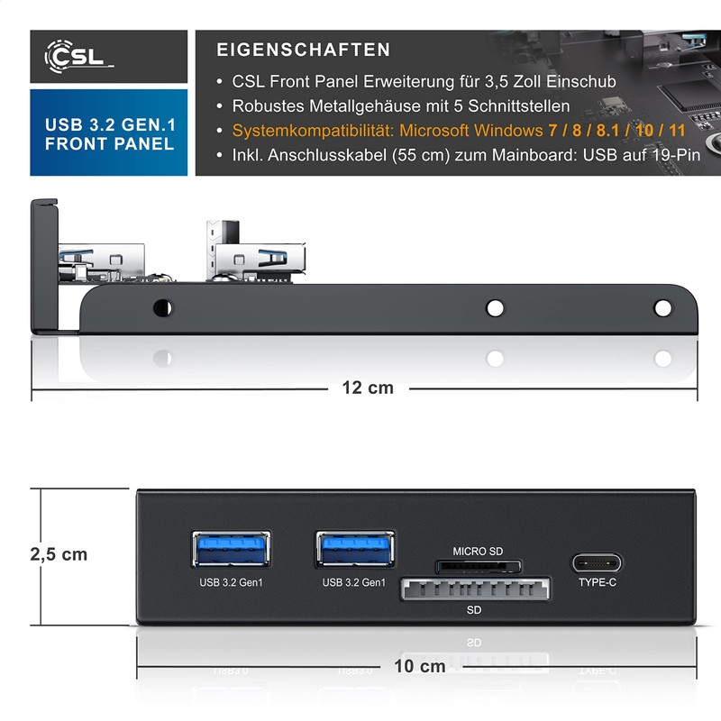 CSL USB 3.2 Gen.1 Front Panel Metal Internal Card Reader