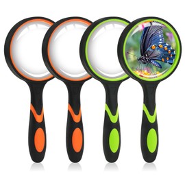 Pack of 4 75 mm Magnifying Glass Children 10X, Large Handheld Magnifying Glass Reading Magnifier for Seniors in Reading, 2 Colours Magnifying Glass for Children Researchers Non-Slip Soft Rubber Handle