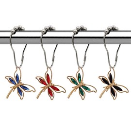 Decorative Shower Curtain Hooks Set of 12 with Multicolored Dragonfly for Bathroom Shower Rod, Stainless Steel Rust-Proof Shower Hook Rings for Gardens, Country Farms Themed Bathroom Decor