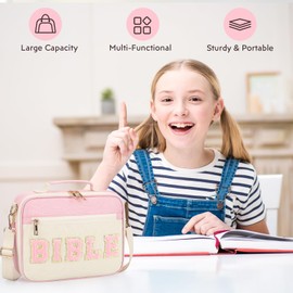 Bible Cover Case for Women Grils, Preppy Bible Bag with Adjustable Shoulder Strap, Waterproof Bible Carrying Tote Bags Holder for Bible Study Supplies Accessories & Christian Gifts (Light Pink)