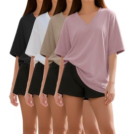 Kinglaman 4 Pack Oversized TShirts for Women, Short Sleeve Drop shoulders Plus Size Baggy Dry Fit T Shirts Tops Tees for Casual or Athletic 1 Black 1 White 1 Dark Pink 1 Khaki 3X-Large
