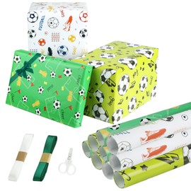 Pack of 9 Football Wrapping Paper, Wrapping Paper Boy Football Packaging Paper with 2 Rolls of Ribbon and Scissors, 70 x 50 cm Gift Wrapping Paper Children Boys for Football Party, Birthday Boys