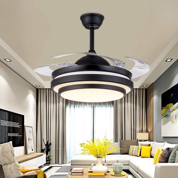 Lighting Groups 42" Retractable Ceiling Fans with LED Light Remote Control 4 Invisible Clear ABS Blades Livingroom Diningroom Fan Chandelier Indoor Ceiling Light Kits with Fans (42 Inch, Black A)
