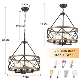 Farmhouse Chandelier for Dining Room 4-Light Rustic Chandeliers Imitation Wood Grain Pendant Light Fixture Modern Industrial Chandelier for Kitchen Island Entryway Foyer Bedroom Hallway，E26 Metal