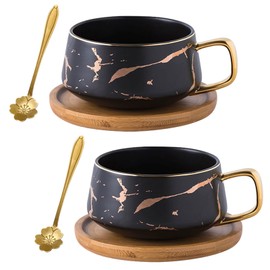 Jusalpha 10 oz Luxury Golden Hand Print Teacup Coffee Cup with Bamboo Saucer Set TCS19 (2 Sets, Black)