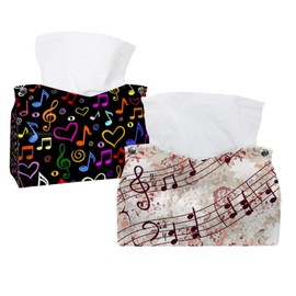 2 Pack Tissue Box Cover Holder, Musical with Melody and Floral Rectangle Leather Tissue Case, Decorative Organizer for Tabletop, Bathroom, Car, Office