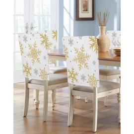 LOVE HOME DAY Chair Back Cover for Dining Room Set of 4 Winter Christmas Gold Snowflake Kitchen Chair Protecter Slipcovers for Holiday Party,Wedding,Banquet,Events Decor Geometrical Snow on White