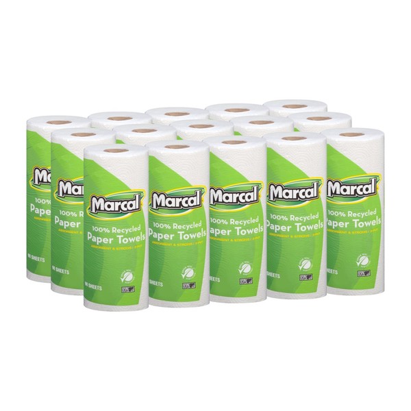 Marcal Paper Towels 100% Recycled 2-Ply, 60 Sheets Per Roll - Case of 15 Individually Wrapped Green Seal Certified 06709