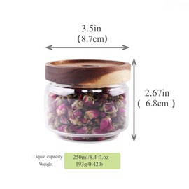 Glass Coffee Containers, 8.5 FL OZ/250 ml Kitchen Serving Food Storage Canister with Sealed Wooden Lid, BPA-Free Clear Glass Jar for Tea Leaves, Powder, Spice(3.06 inch)