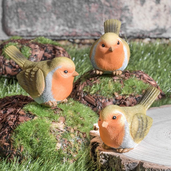 GloBrite Set of 3 Robins Bird | Garden Ornaments Outdoor Statue | Resin Accessories, Topping Robin Bird Statue for Patio Lawn Windowsill Home Decor and Garden gifts