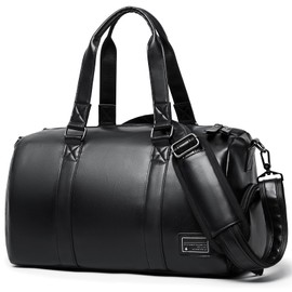 MATE ELAN Leather Gym Bag for Men with Shoe Compartment, 32L PU Leather Duffle Travel Bag Weekender Waterproof Overnight Sports Carry-On Bag Black