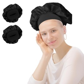 QIANCAIWANG 2 Pack Satin Bonnet, Hair Bonnet for Sleeping, Sleep Hair Cap, Silk Hair Wrap for Women, Girls, Curly Hair (Black)