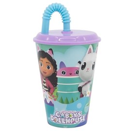 Golddunes Kids Character Sports Tumbler 430ML Drinking Re-usable Plastic Cup with Re-Usable Straw (Gabby's Dollhouse)