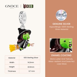 GNOCE Charm Pendant Wicked Elphaba on Broom Flying Pendant S925 Sterling Silver Charm Beads for Bracelet Necklace Jewellery Gift for Fans, Silver, Cubic Zirconia